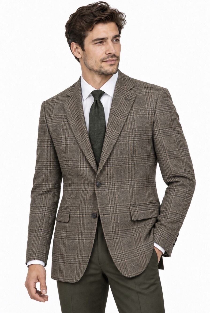 Hugo Boss Olive Green & Brown Plaid 10O% Virgin Wool Blazer 2 Button Sz 42L